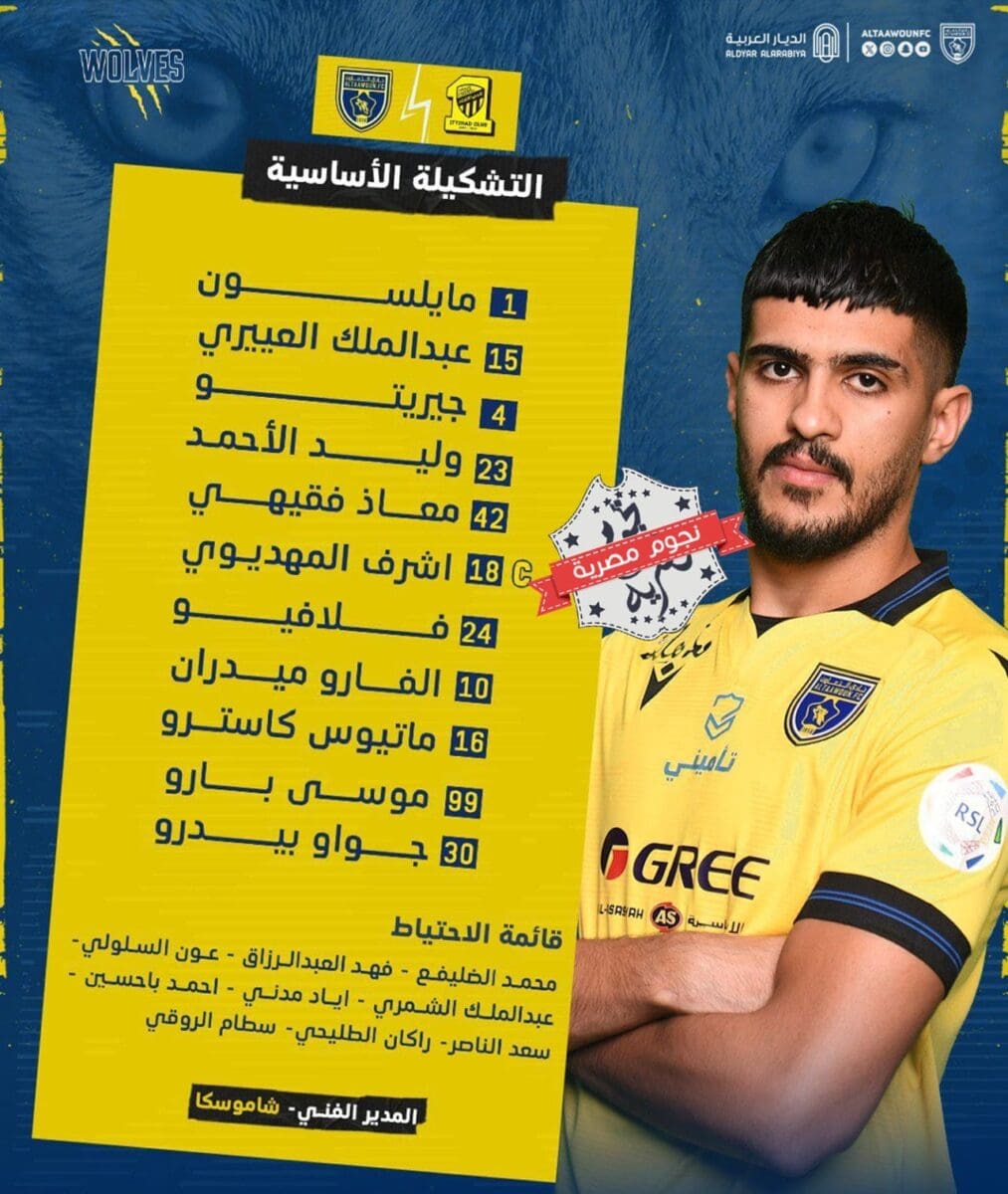 تشكيل التعاون في مواجهة الاتحاد في الدوري السعودي (المصدر. حساب الذئاب تويتر)