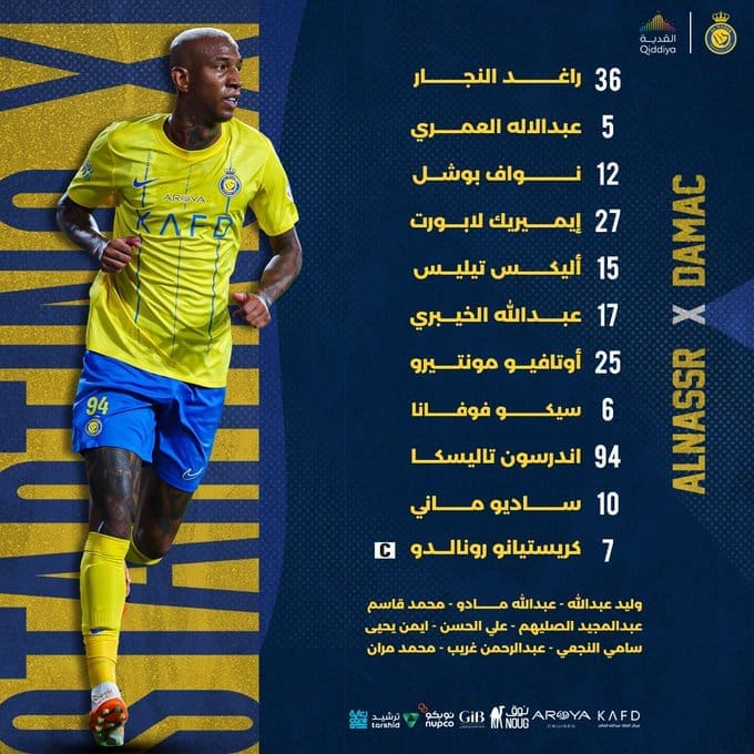 تشكيل النصر لمواجهة ضمك - مصدر الصورة: حساب النصر على تويتر