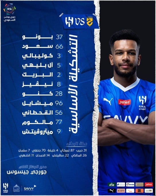 تشكيلة الهلال لمواجهة الحزم - مصدر الصورة: حساب الهلال على تويتر