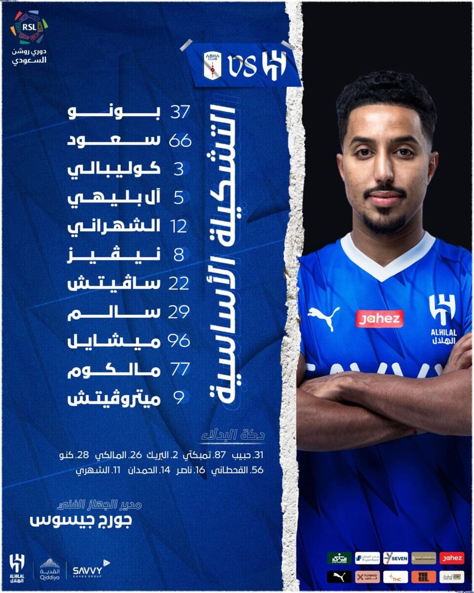 تشكيل الهلال لمواجهة أبها - مصدر الصورة: حساب الهلال على تويتر