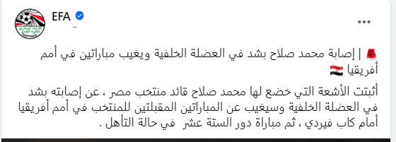 فترة غياب محمد صلاح - مصدر الصورة: حساب الاتحاد المصري على فيس بوك