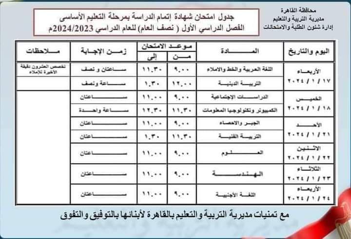 جدول الشهادة الإعدادية 2024