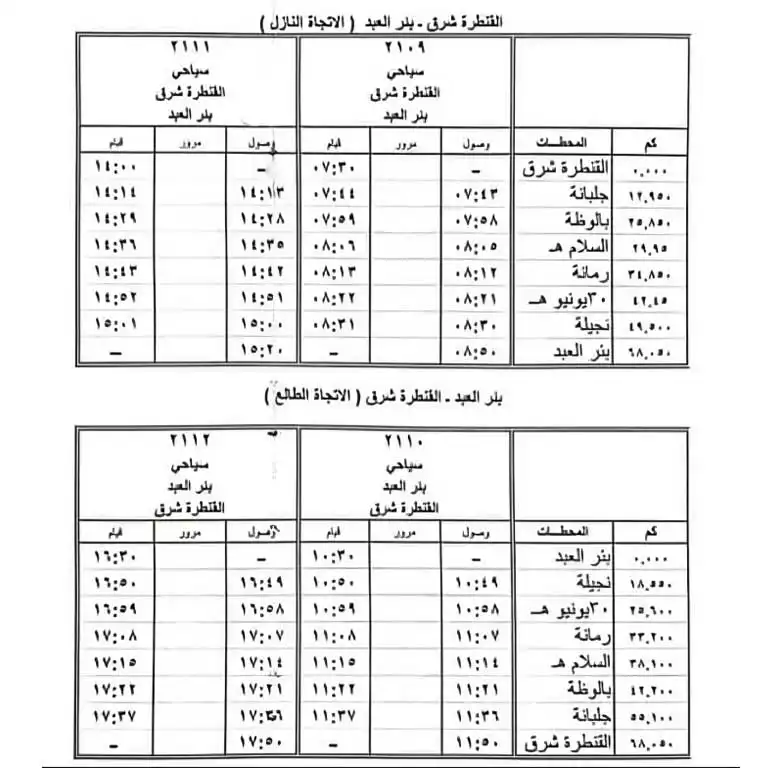 مواعيد القطارات من وإلى شمال سيناء