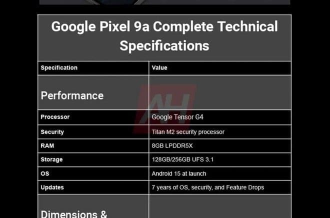 تسريب المواصفات الكاملة لهاتف Google Pixel 9a القادم