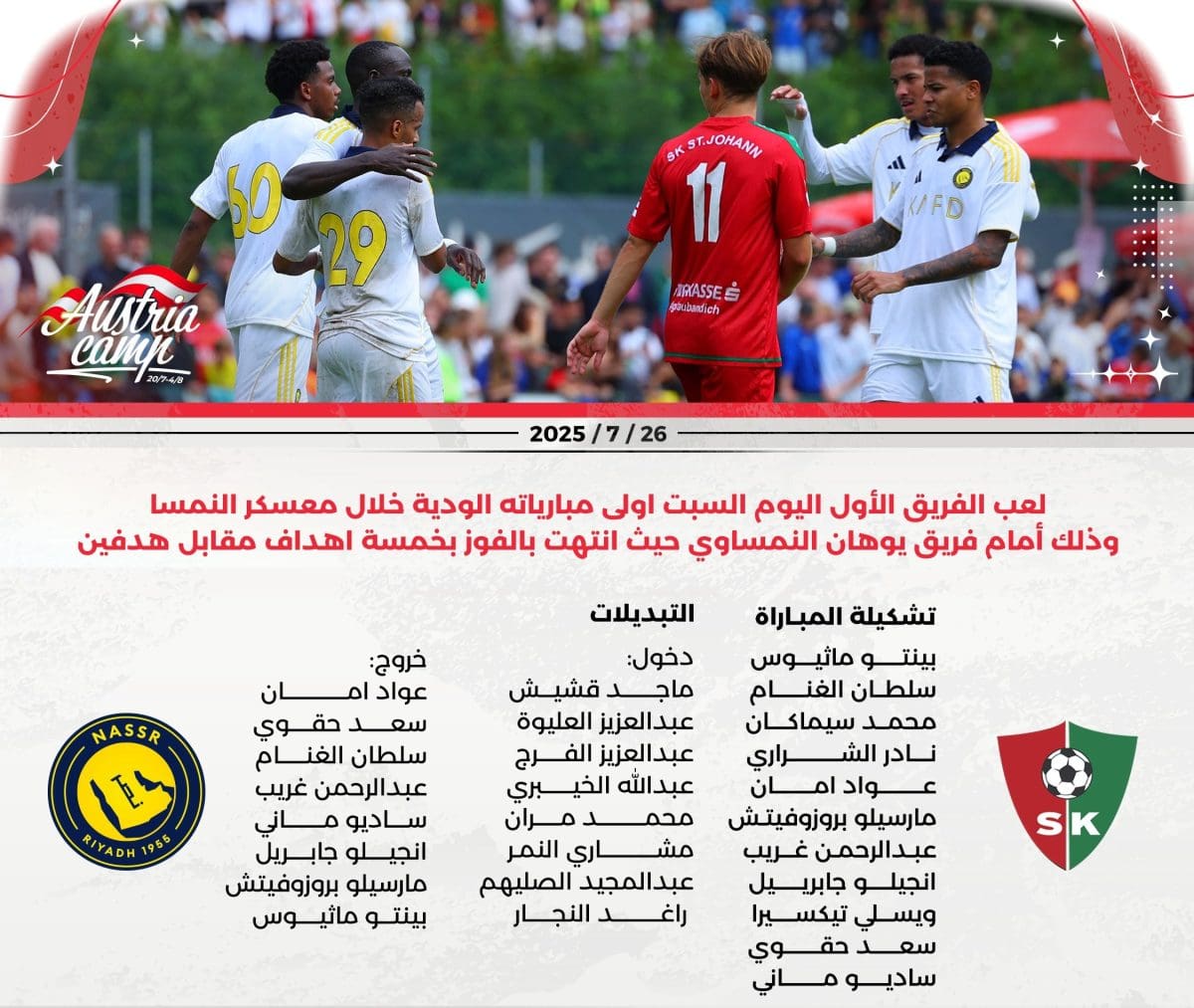 في غياب رونالدو.. النصر يكتسح يوهان النمساوي بخماسية في أولى تجاربه الصيفية