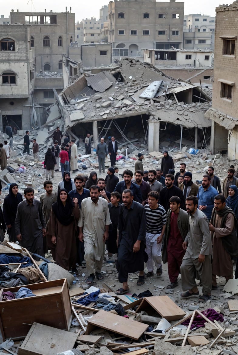 صورة رمزية تجسّد تشابه الدمار بين سقوط بغداد سنة 1258 وما يحدث في غزة 2023–2025.