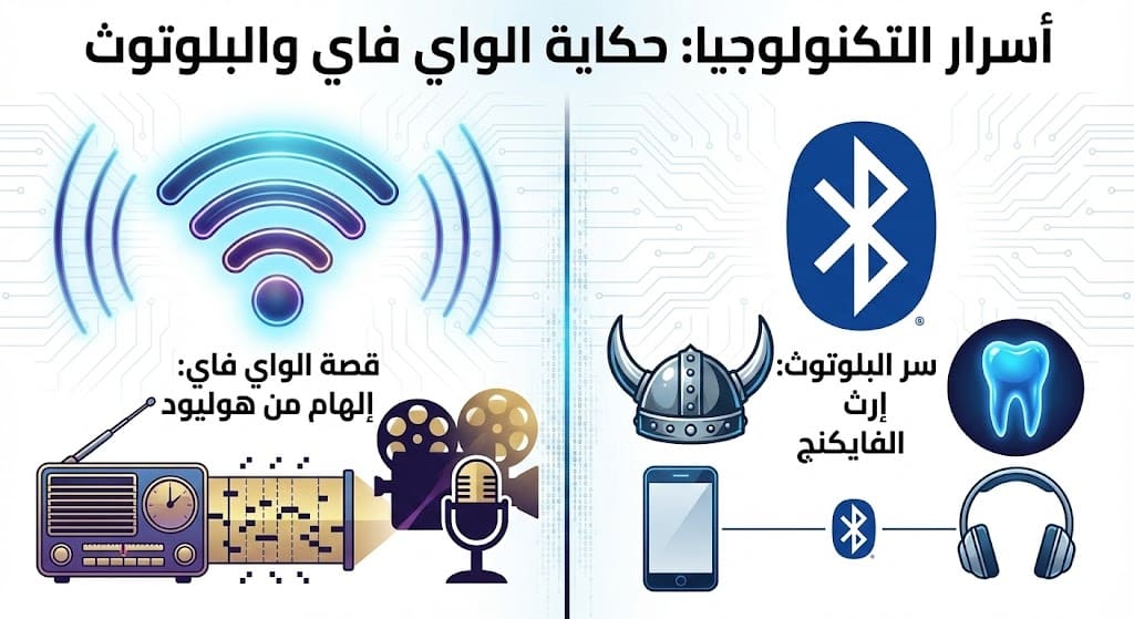 صورة توضيحية تقارن بين قصة اختراع الواي فاي وعلاقتها بهيدي لامار، وقصة تسمية البلوتوث نسبة لملك الفايكنج هارالد